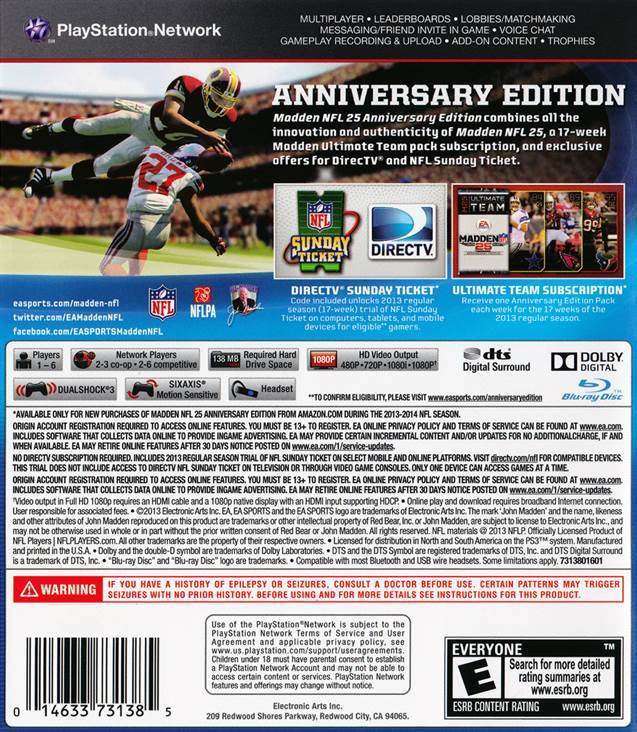 Madden NFL 25: Anniversary Edition - PS3 - Sony PlayStation 3 (PS3) (Electronic Arts - 1) video game collectible [Barcode 014633731385] - Main Image 2