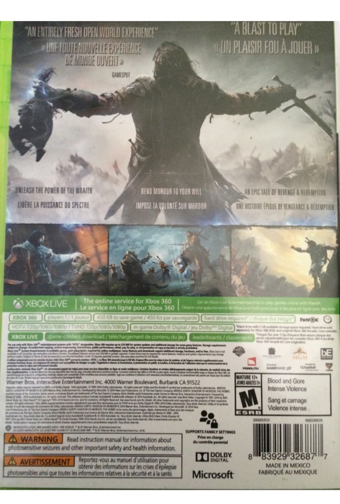 Middle-earth: Shadow of Mordor-**US Title - Microsoft Xbox 360 (Warner Bros. Interactive Entertainment - 1) video game collectible [Barcode 883929326877] - Main Image 2