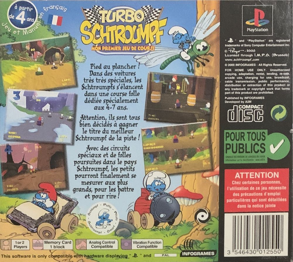PS1 / Turbo Schtroumpf - Sony PlayStation (Infogrames - 1-2) video game collectible [Barcode 3546430012550] - Main Image 2