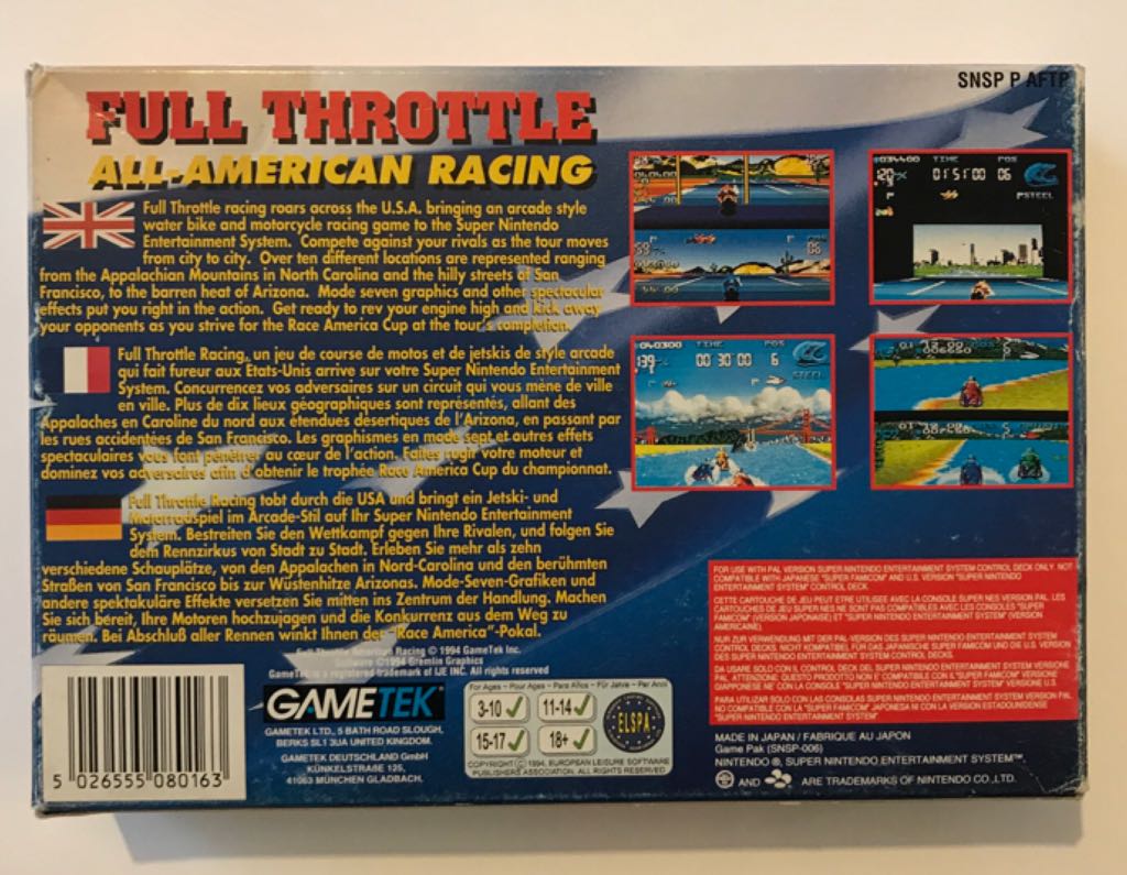 Full Throttle All American Racing - Nintendo Super Nintendo Entertainment System (SNES) video game collectible - Main Image 2