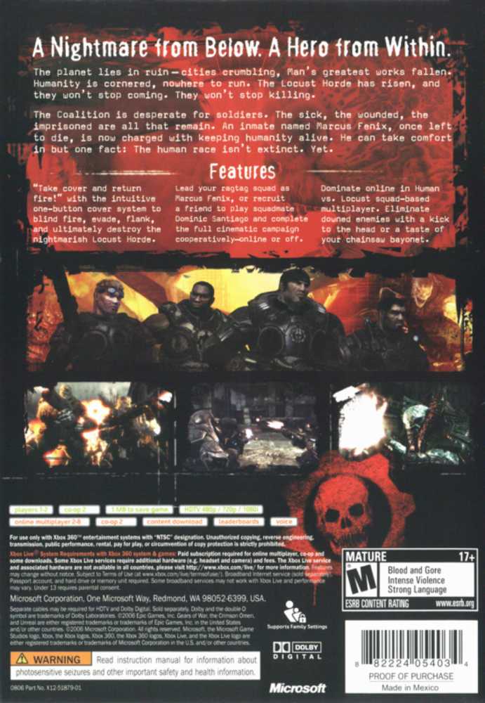 Gears Of War 1 - Microsoft Xbox 360 (Microsoft Game Studios - 2) video game collectible [Barcode 0882224054034] - Main Image 2