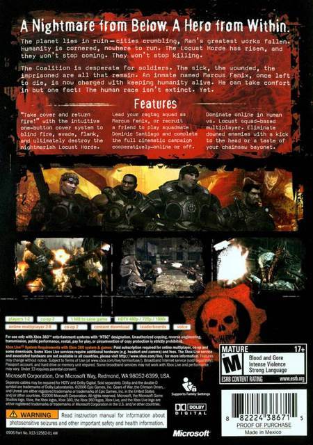 Gears Of War 1 - Microsoft Xbox 360 (Microsoft Game Studios - 2) video game collectible [Barcode 882224054034] - Main Image 2