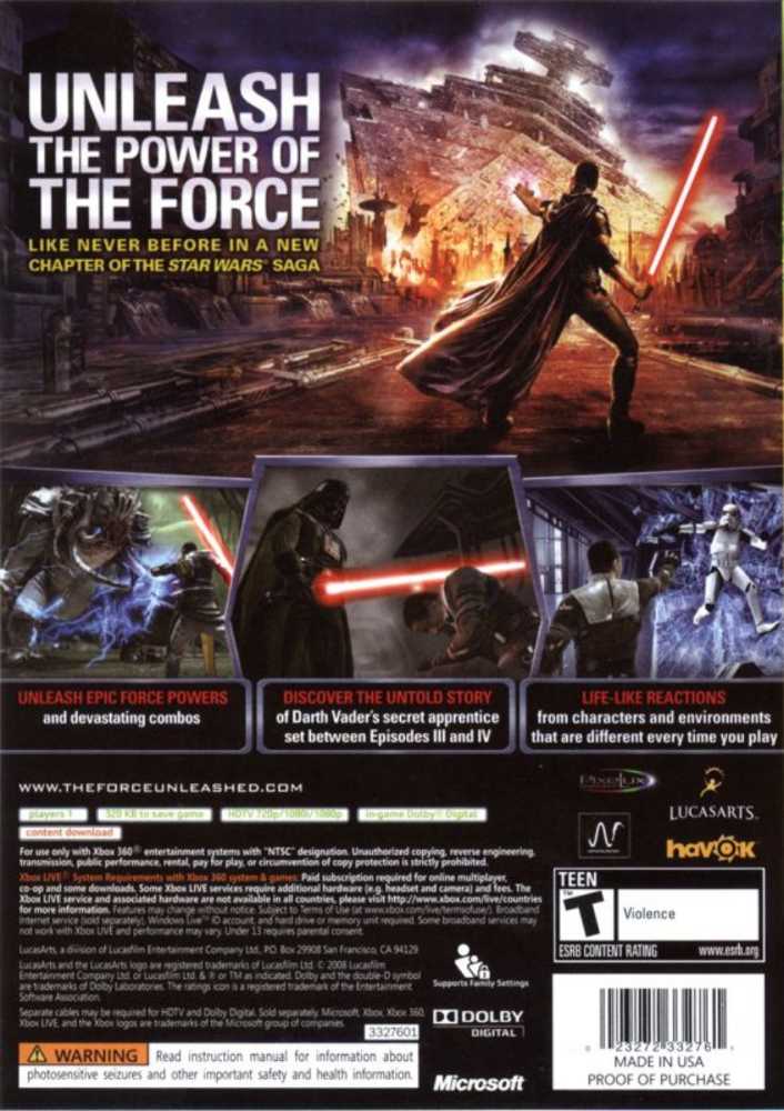 Star Wars: The Force Unleashed 1 - Microsoft Xbox 360 (LucasArts - 1) video game collectible [Barcode 0023272332761] - Main Image 2