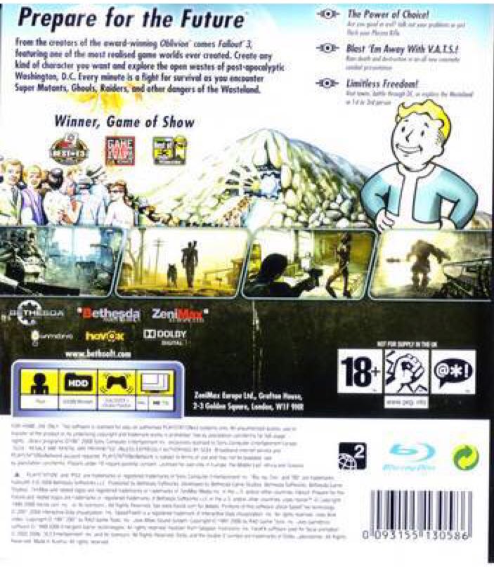 Fallout 3 - Sony PlayStation 3 (PS3) (Bethesda Softworks - 1) video game collectible [Barcode 093155125421] - Main Image 2