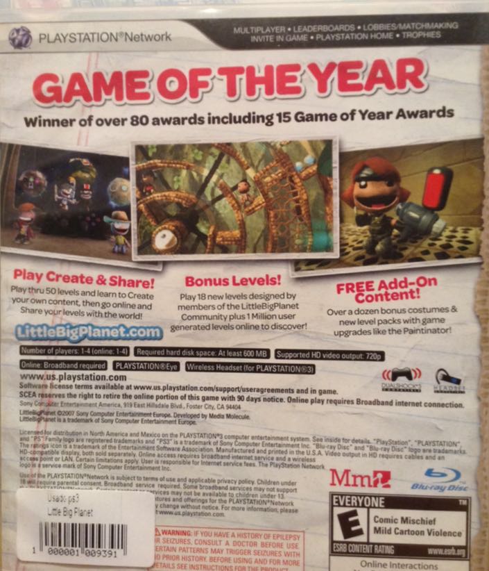 Little Big Planet 1 - Sony PlayStation 3 (PS3) (Sony Computer Entertaiment - 4) video game collectible [Barcode 1000001009391] - Main Image 2