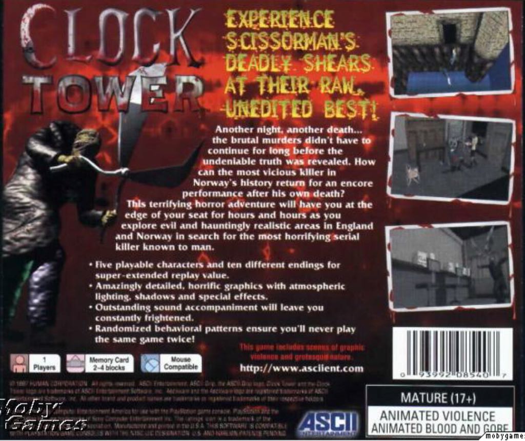 Clock Tower - Sony PlayStation (ASCII Entertainment - 1) video game collectible [Barcode 093992085407] - Main Image 2