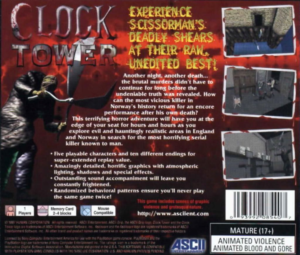 Clock Tower - Sony PlayStation (ASCII Entertainment - 1) video game collectible [Barcode 093992085414] - Main Image 2