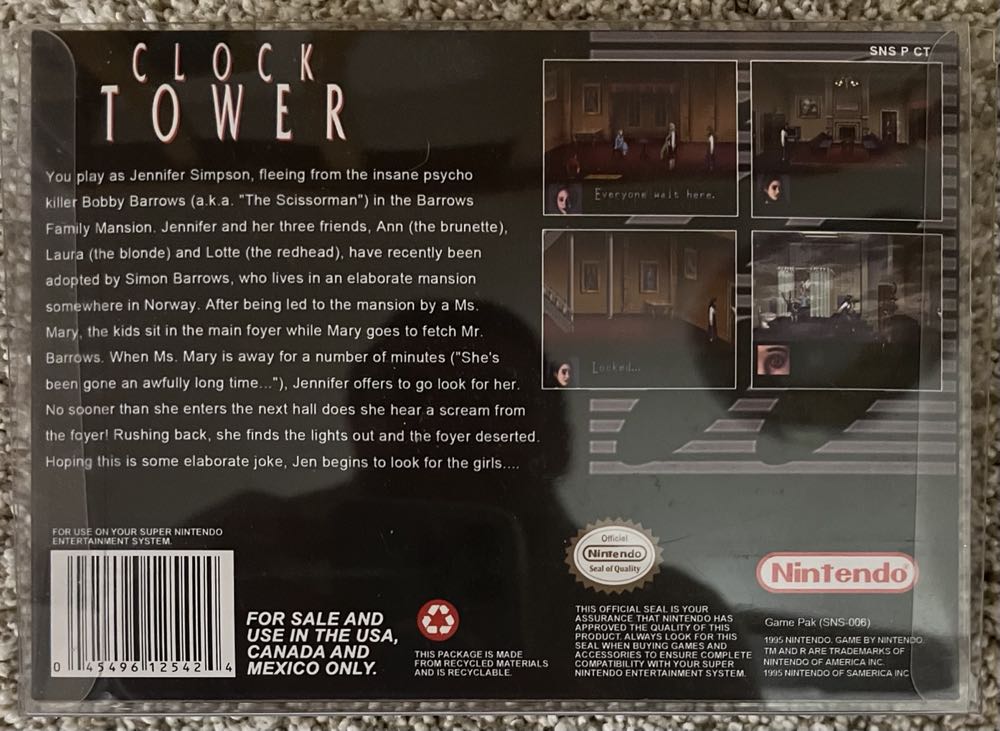 Clock Tower - The First Fear - Nintendo Super Nintendo Entertainment System (SNES) (Human Entertainment - 1) video game collectible - Main Image 2