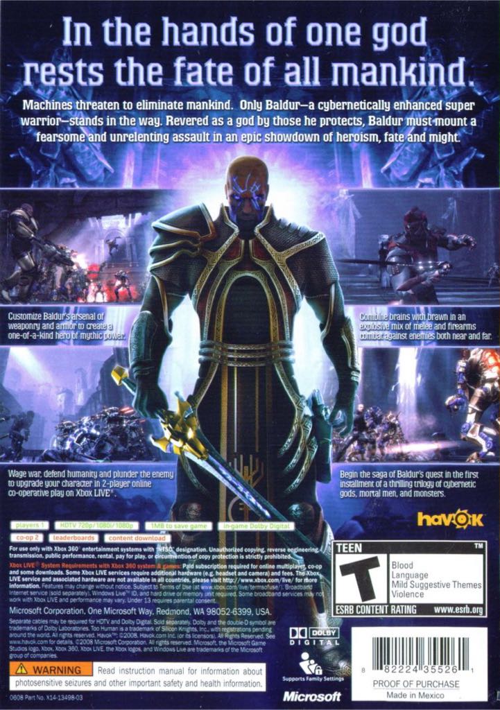 Too Human - Microsoft Xbox 360 (Backwards compatible - 1) video game collectible [Barcode 882224449694] - Main Image 2