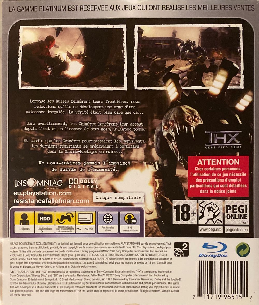 Resistance : Fall of Man [Platinum] - Sony PlayStation 3 (PS3) (Sony Computer Entertainment Europe Ltd - 1-4 / 1-40) video game collectible [Barcode 711719965152] - Main Image 2