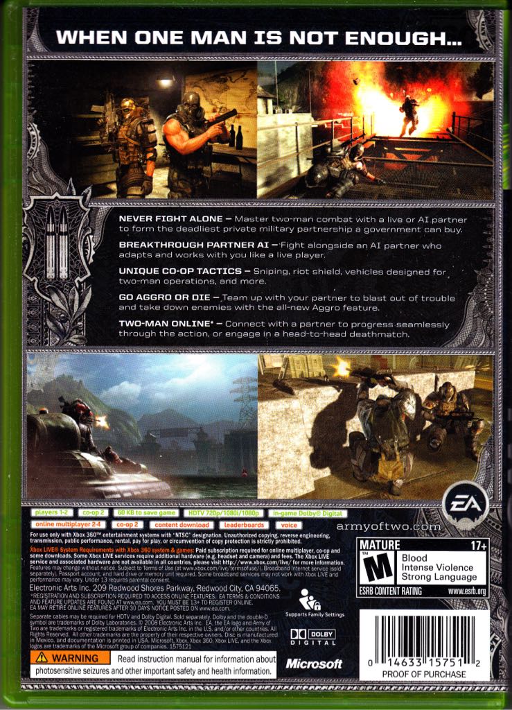 Army Of Two - Microsoft Xbox 360 ((EA) Electronic Arts - 2) video game collectible [Barcode 5030945059011] - Main Image 2