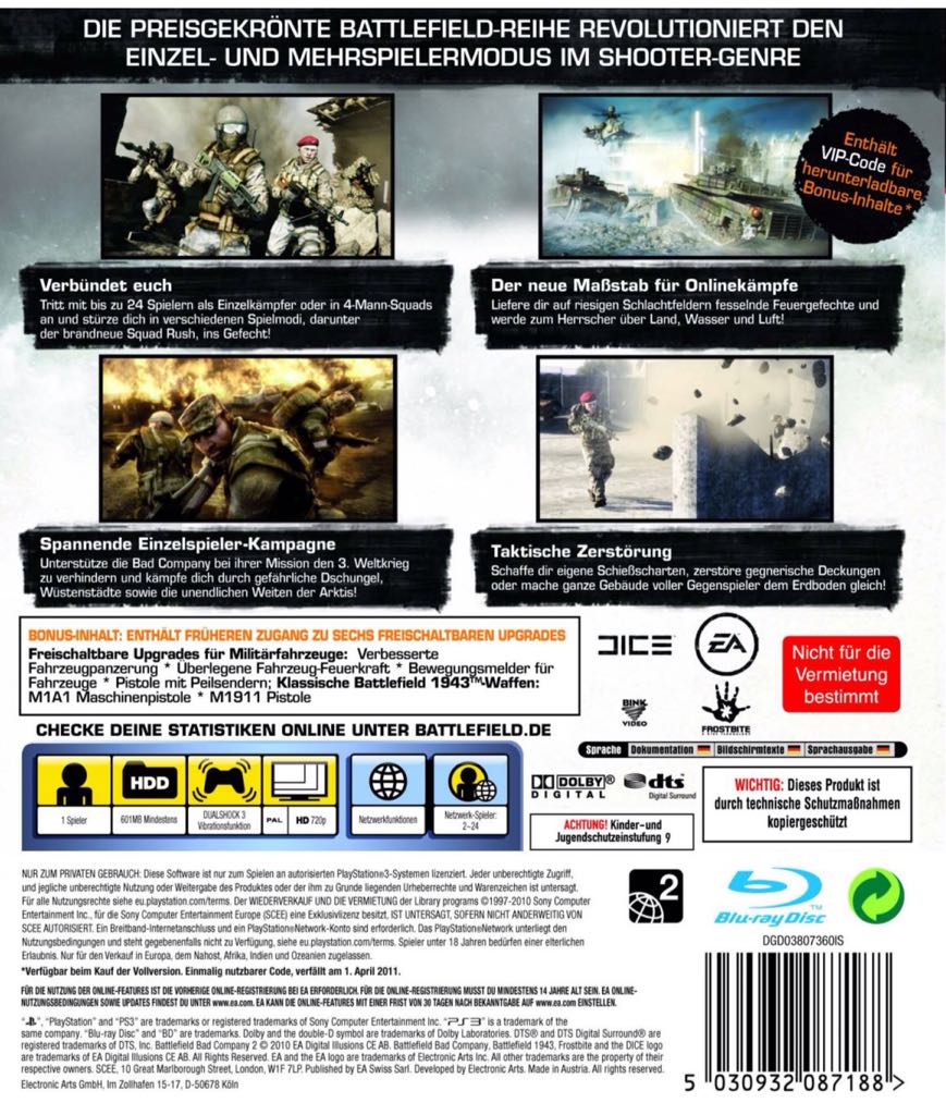 Battlefield 2: Bad Company 2 - Sony PlayStation 3 (PS3) (Electronic Arts/EA Games - 1) video game collectible [Barcode 014633365009] - Main Image 2