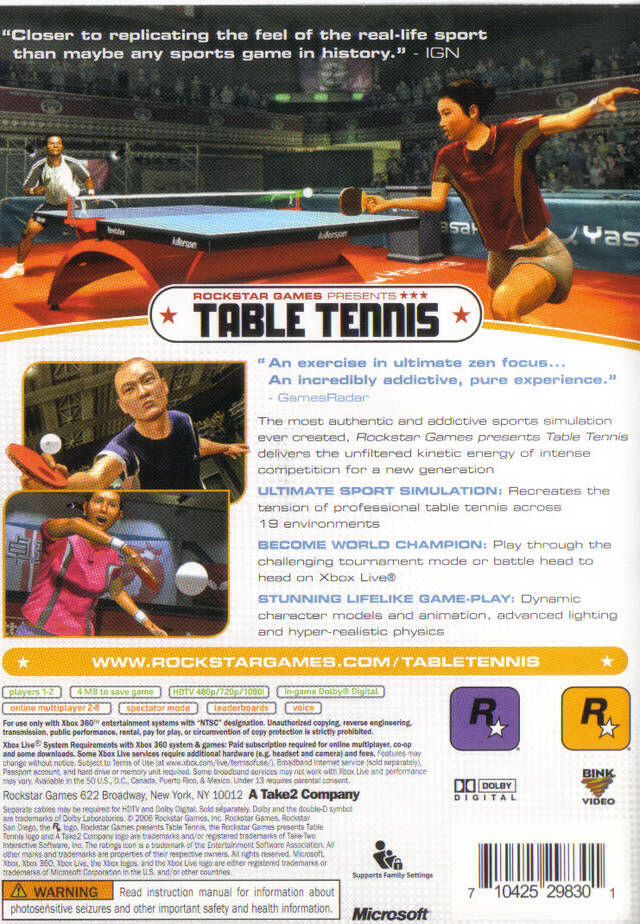 Table Tennis - Microsoft Xbox 360 (Rockstar Games - 8) video game collectible [Barcode 710425298301] - Main Image 2