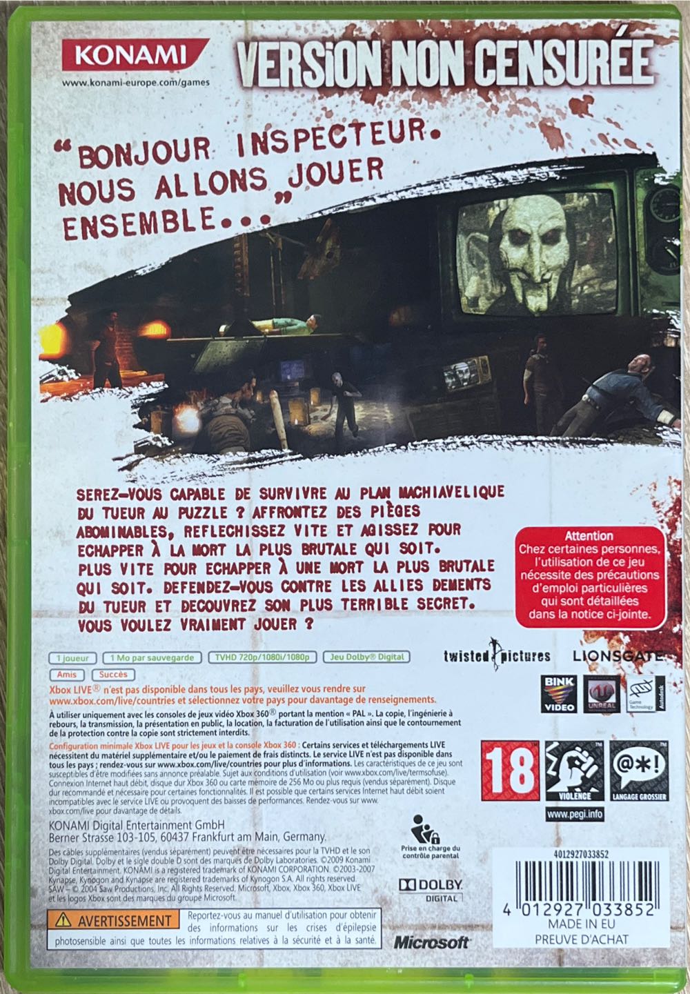SAW - Microsoft Xbox 360 (Konami - 1) video game collectible [Barcode 4012927033852] - Main Image 2
