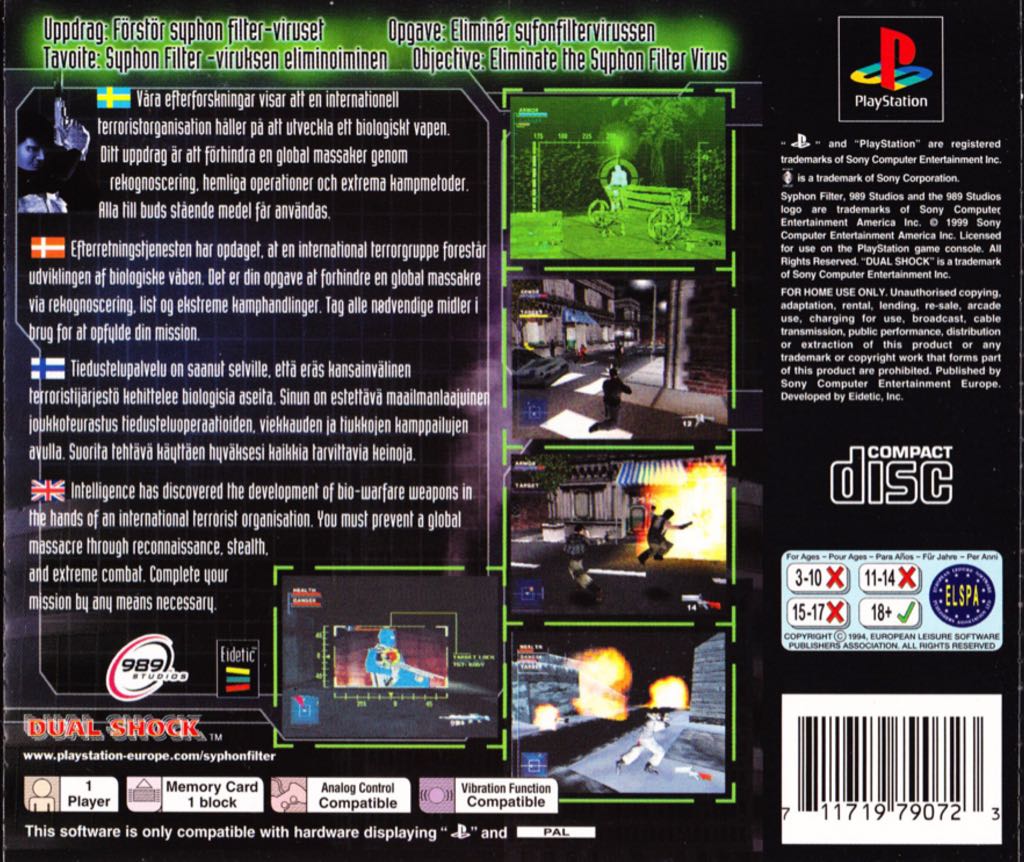 Syphon Filter - Sony PlayStation (SCEE - 1) video game collectible [Barcode 711719791423] - Main Image 2