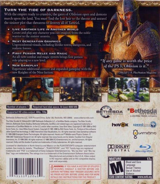The Elder Scrolls IV: Oblivion - Sony PlayStation 3 (PS3) (Bethesda Softworks - 1) video game collectible [Barcode 3307210233981] - Main Image 2
