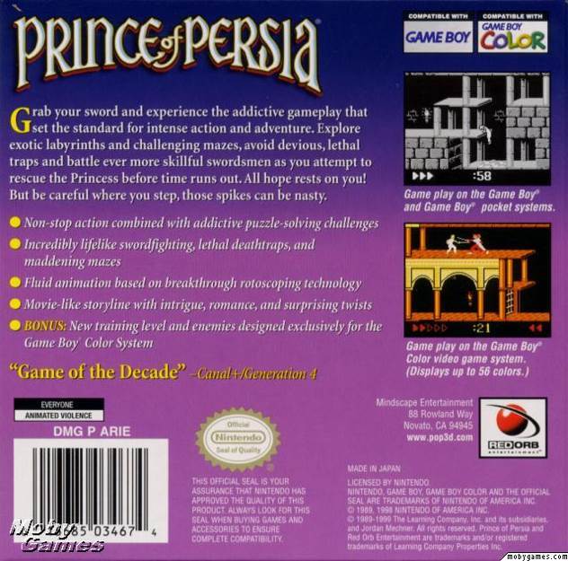 Prince of Persia - Nintendo Game Boy Color (1) video game collectible [Barcode 016685034674] - Main Image 2