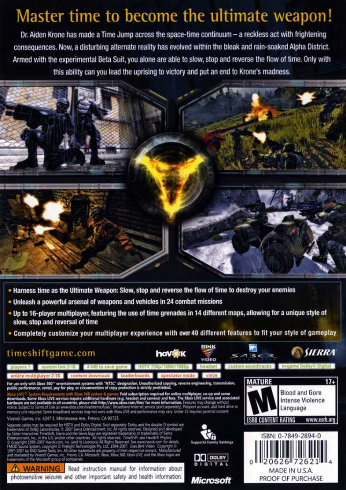 Timeshift - Microsoft Xbox 360 (Sierra Entertainment - 1) video game collectible [Barcode 2062672621] - Main Image 2