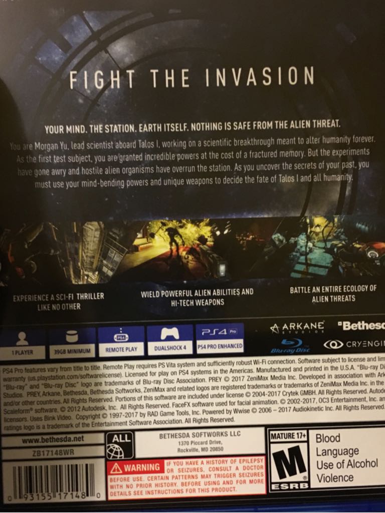 Prey - Sony PlayStation 4 (PS4) (Arkane Studios/Bethesda - 1) video game collectible [Barcode 093155171480] - Main Image 2