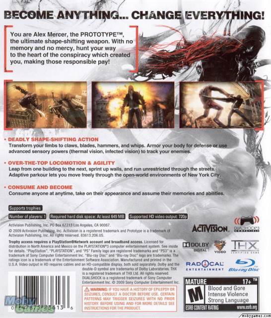 Prototype - Sony PlayStation 3 (PS3) (Activision - 1) video game collectible [Barcode 047875836136] - Main Image 2