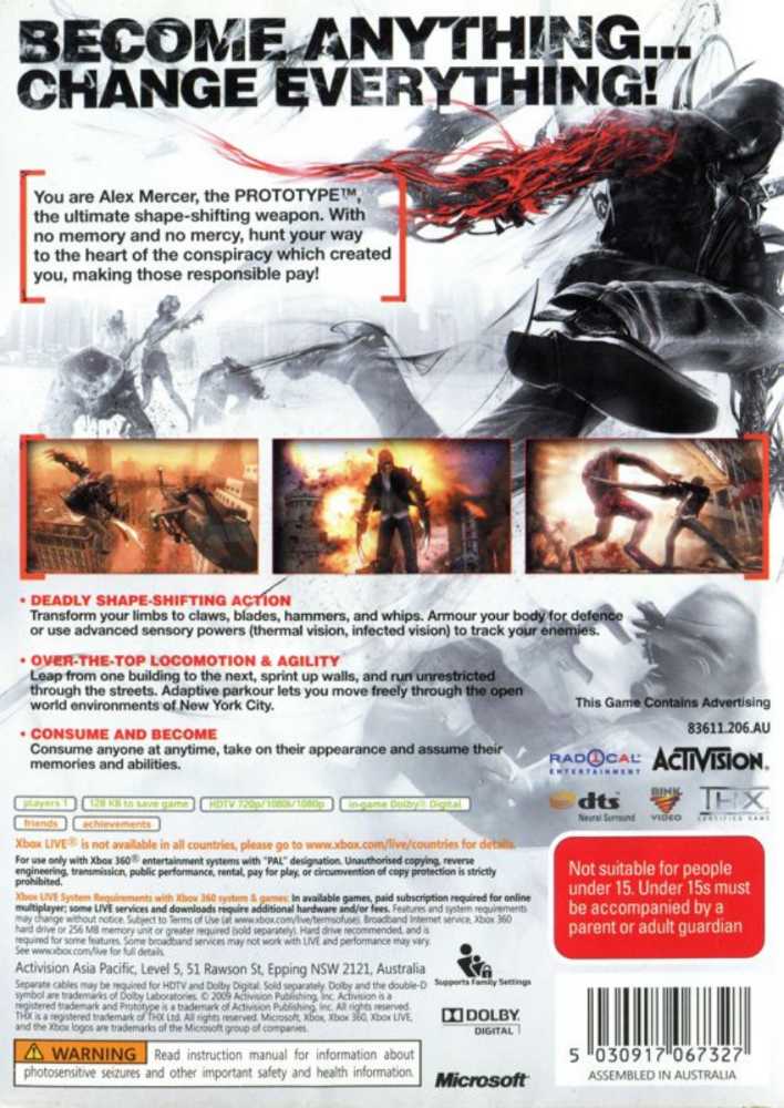 Prototype - Microsoft Xbox 360 (Activision - 1) video game collectible [Barcode 047875839625] - Main Image 2