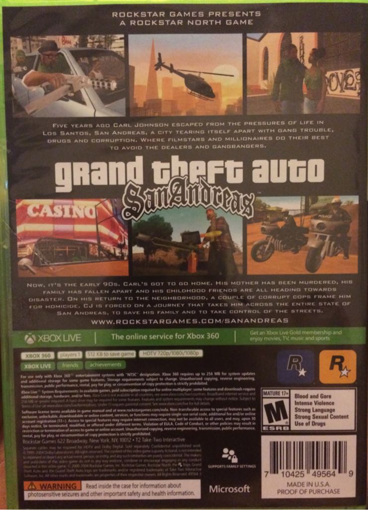 Grand Theft Auto San Andreas BC - Microsoft Xbox 360 (Rockstar - 1) video game collectible [Barcode 710425495649] - Main Image 2