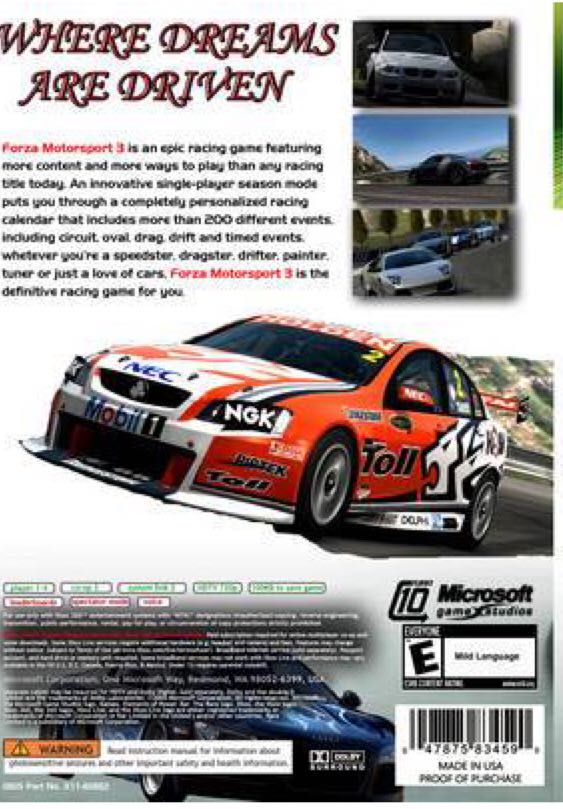 Forza Motorsport 3 - Microsoft Xbox 360 (Microsoft Game Studios - 1) video game collectible [Barcode 885370295092] - Main Image 2