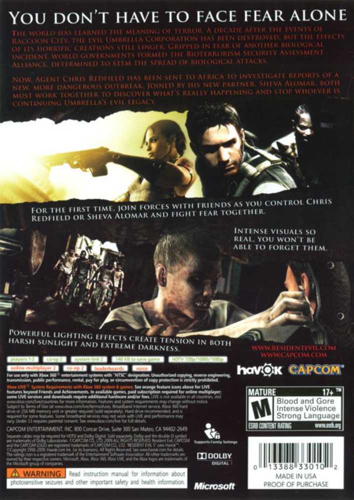 Resident Evil 5 - Microsoft Xbox 360 (Capcom - 1) video game collectible [Barcode 01338833010] - Main Image 2
