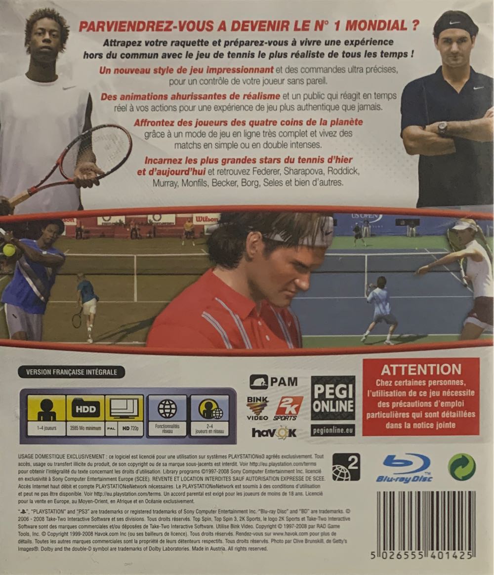 Top Spin 3 PS3 - Sony PlayStation 3 (PS3) (2K Sports - 4) video game collectible [Barcode 5026555401425] - Main Image 2