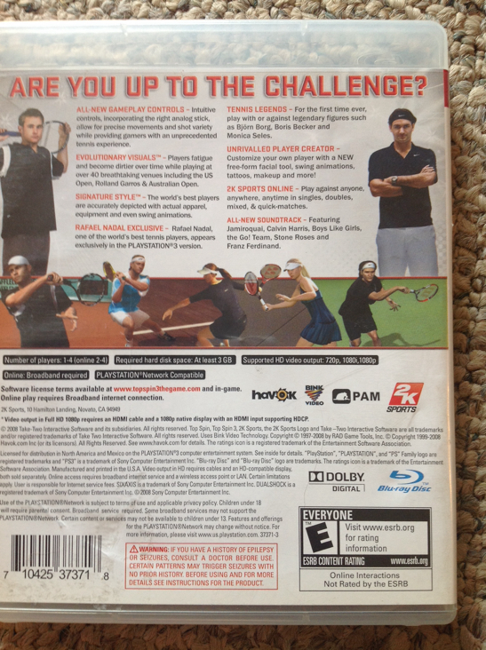 Top Spin 3 - Sony PlayStation 3 (PS3) (2K Sports - 2) video game collectible [Barcode 710425373718] - Main Image 2