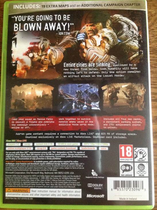 Gears of War 2 (Classics) (Sealed) - Microsoft Xbox 360 (Microsoft Game Studios - 1-4) video game collectible [Barcode 885370230963] - Main Image 2