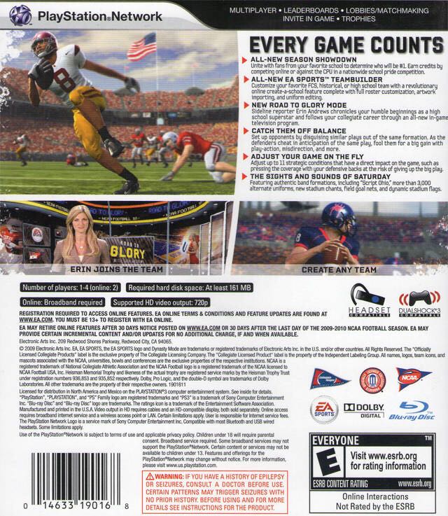 NCAA Football 10 - Sony PlayStation 3 (PS3) (Electronic Arts - Both) video game collectible [Barcode 014633190168] - Main Image 2