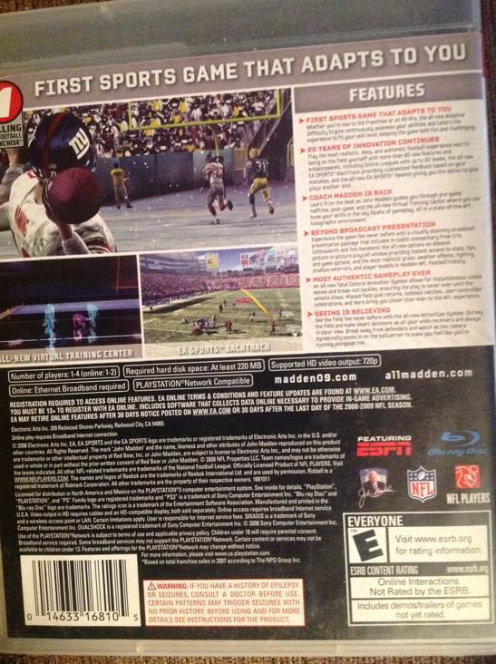 Madden NFL 09 - Sony PlayStation 3 (PS3) (Electronic Arts - 1-4) video game collectible [Barcode 014633168105] - Main Image 2