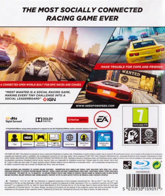 Need for Speed: Most Wanted - Sony PlayStation 3 (PS3) (Electronic Arts/EA Games - 8) video game collectible [Barcode 5030931109096] - Main Image 2