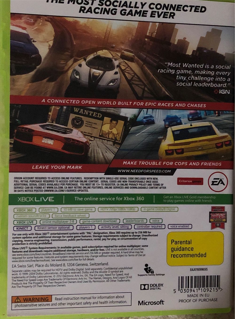 Need For Speed: Most Wanted - Microsoft Xbox 360 (Criterion Games - 1) video game collectible [Barcode 5030941109215] - Main Image 2