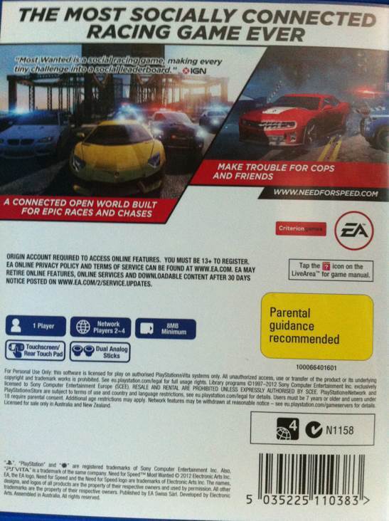 Need For Speed Most Wanted - Sony PlayStation Vita (PS Vita) (EA - 1) video game collectible [Barcode 5035225110383] - Main Image 2