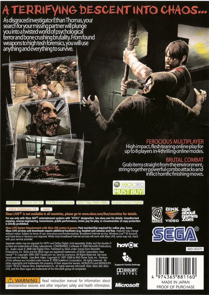 Condemned 2 - Microsoft Xbox 360 (Sega - 1) video game collectible [Barcode 5060138435438] - Main Image 2