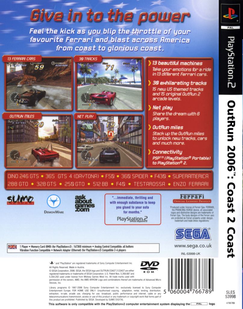 Outrun 2006: Coast 2 Coast - Sony PlayStation 2 (PS2) (Sega - 1) video game collectible [Barcode 5060004766833] - Main Image 2