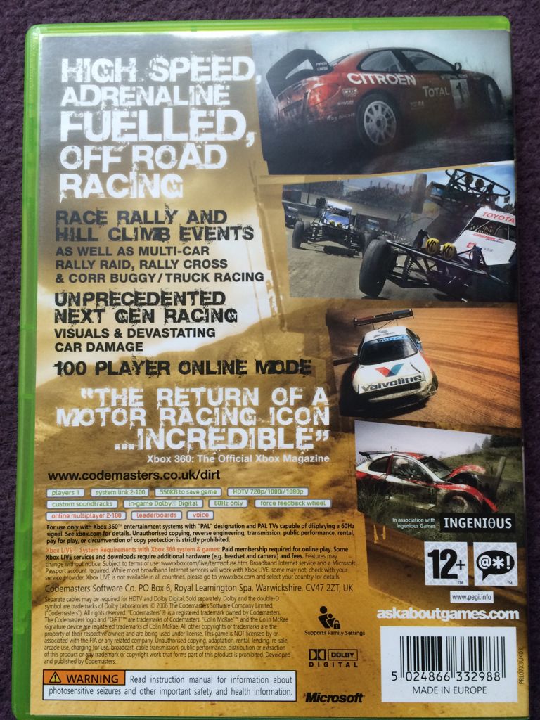 Colin Mcrae Dirt - Microsoft Xbox 360 (Code Masters) video game collectible [Barcode 5084266332988] - Main Image 2