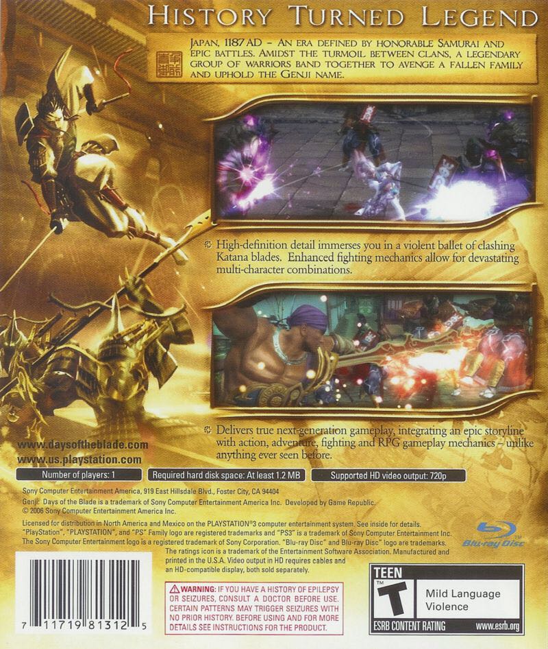Genji: Days Of The Blade - Sony PlayStation 3 (PS3) (Sony Computer Entertainment - 1) video game collectible [Barcode 312359345504] - Main Image 2