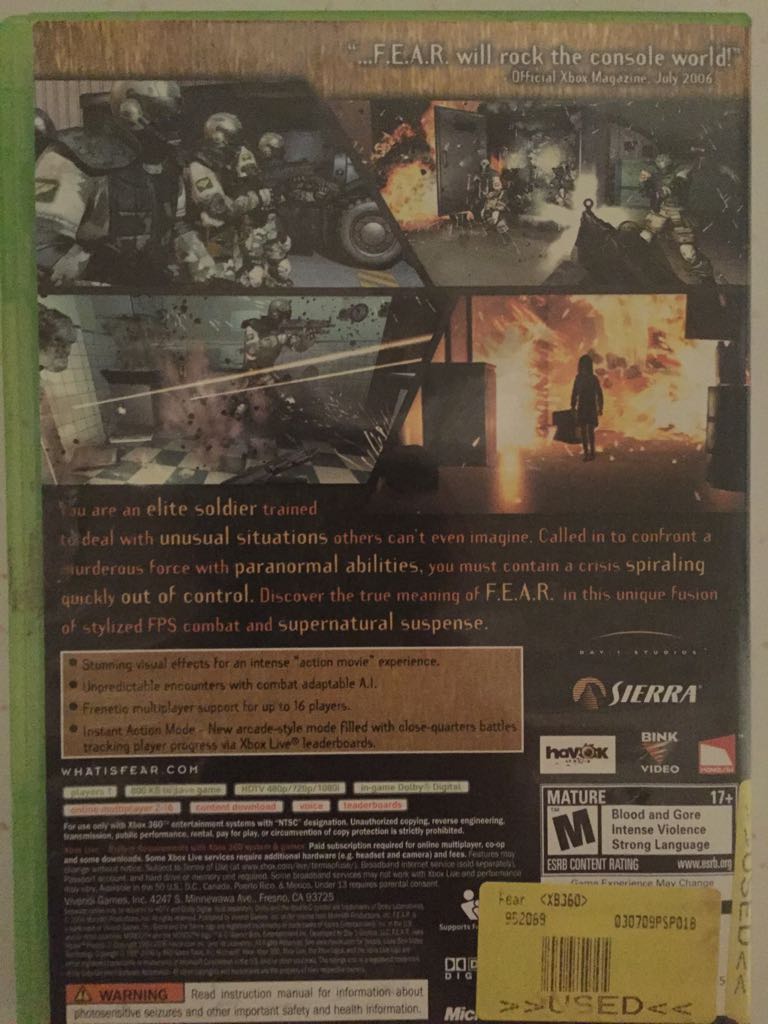 FEAR First Encounter Assault Recon - Microsoft Xbox 360 video game collectible - Main Image 2