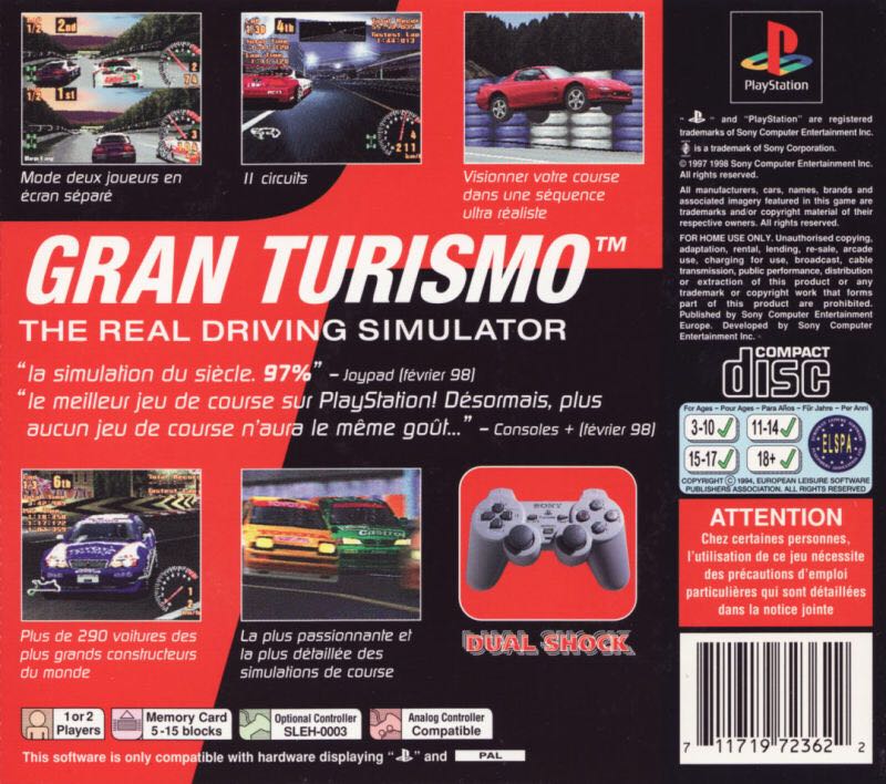 Gran Turismo Platinum Edition - Sony PlayStation (Sony Computer Entertainement Europe - 1-2) video game collectible [Barcode 711719742623] - Main Image 2