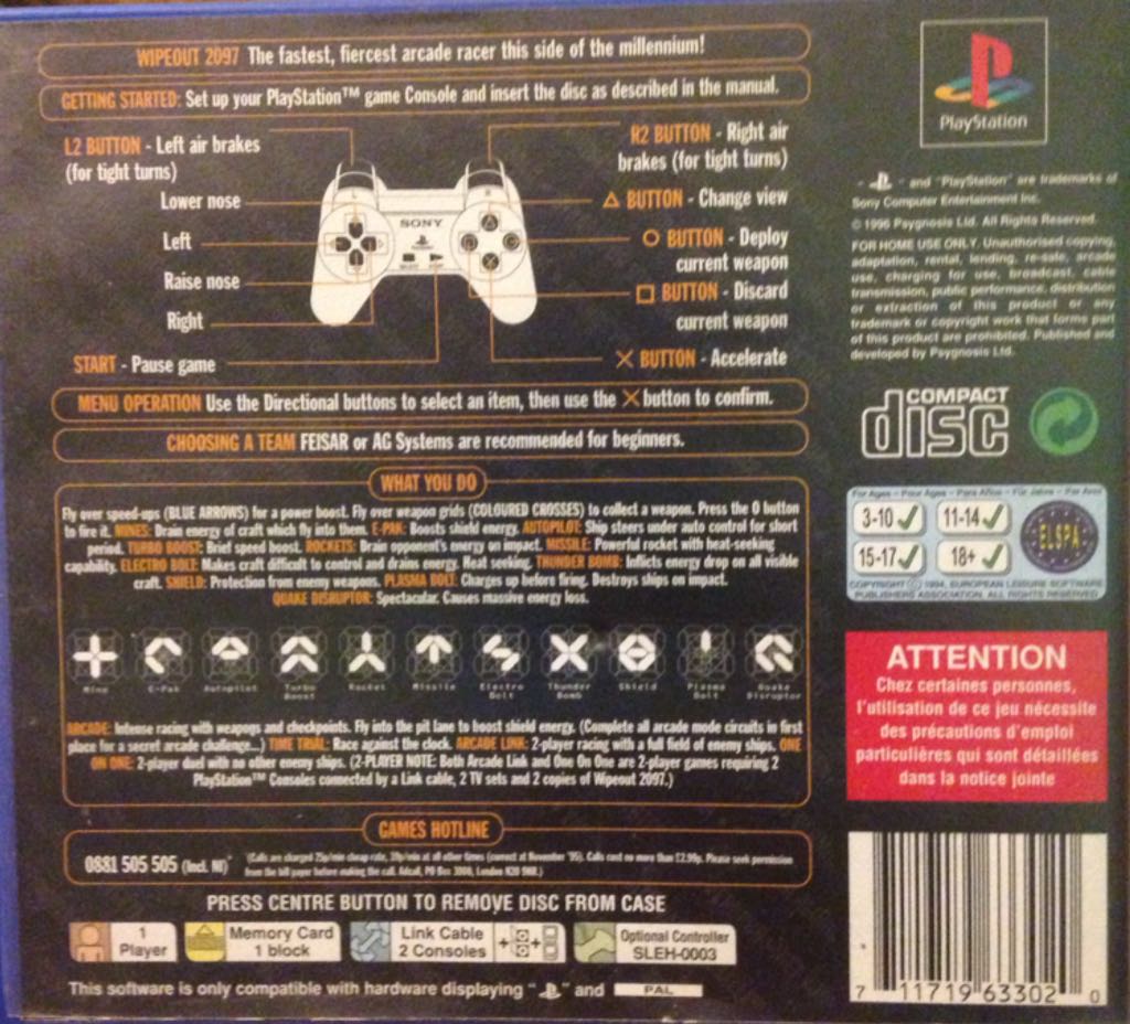 Wipeout 2097 - Sony PlayStation (Psygnosis - 1) video game collectible [Barcode 711719633020] - Main Image 2