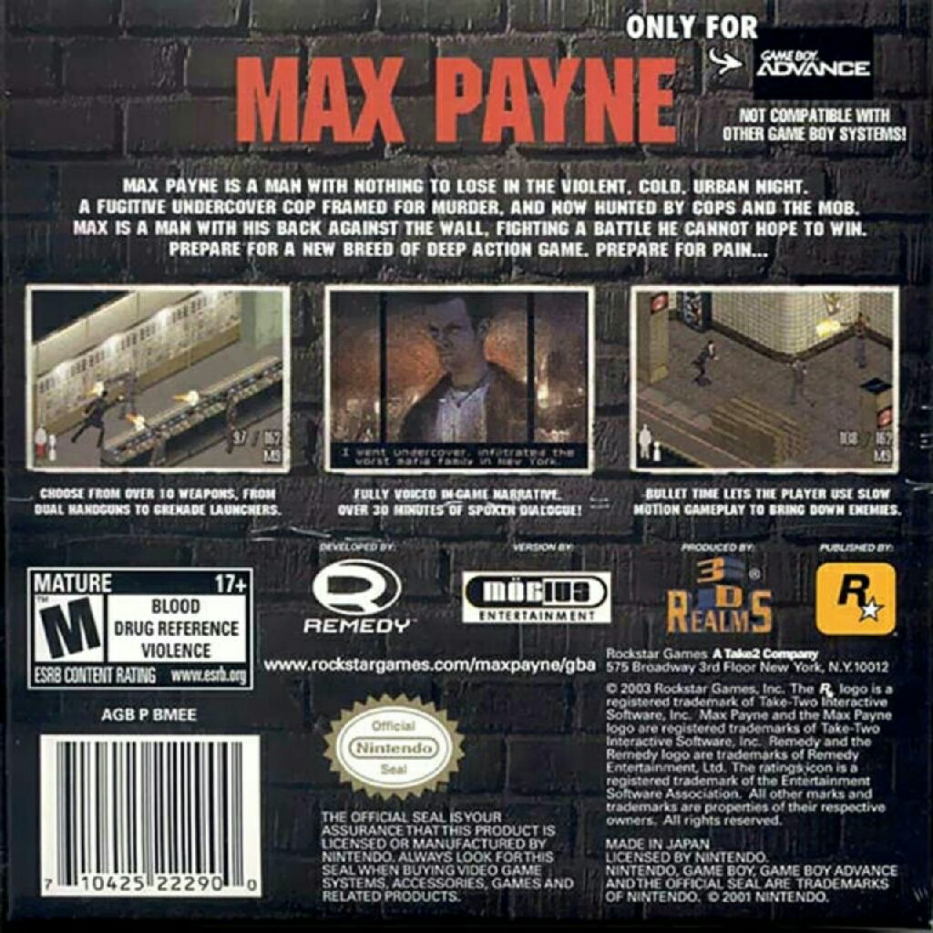 Max Payne - Nintendo Game Boy Advance (GBA) (Rockstar Games - 1) video game collectible [Barcode 710425222900] - Main Image 2