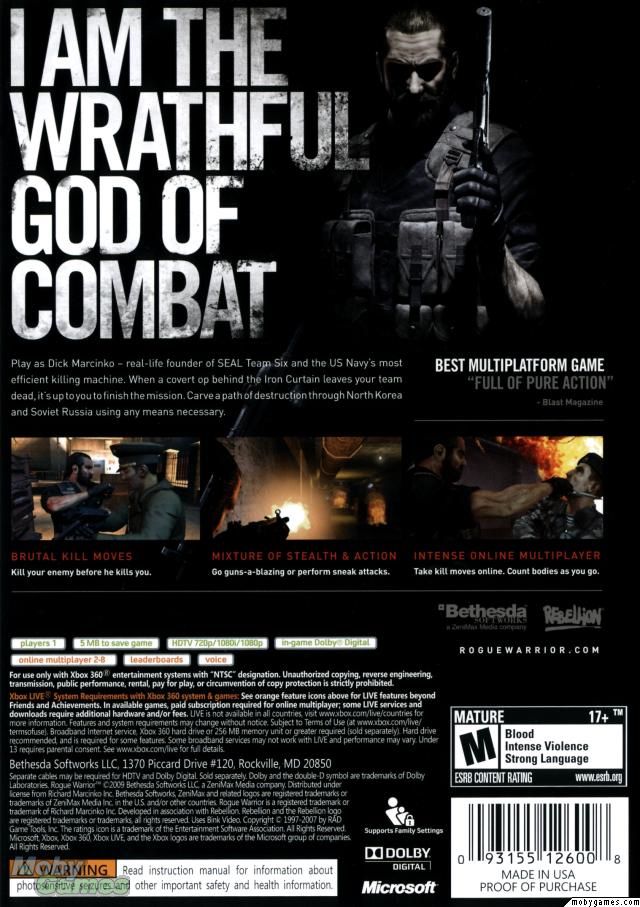 Rogue Warrior - Microsoft Xbox 360 (Bethesda Softworks - 1) video game collectible [Barcode 093155126008] - Main Image 2