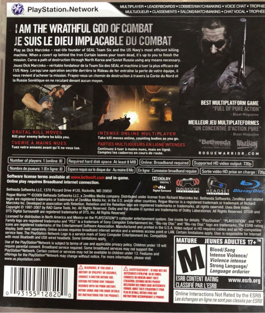 Rogue Warrior - Sony PlayStation 3 (PS3) (Bethesda Softworks - 1 (Online: 2-8)) video game collectible [Barcode 093155128200] - Main Image 2