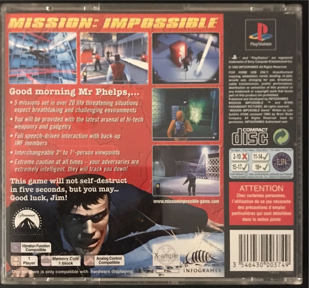 Mission Impossible - Sony PlayStation (Inforgrames - 1) video game collectible [Barcode 3546430003732] - Main Image 2