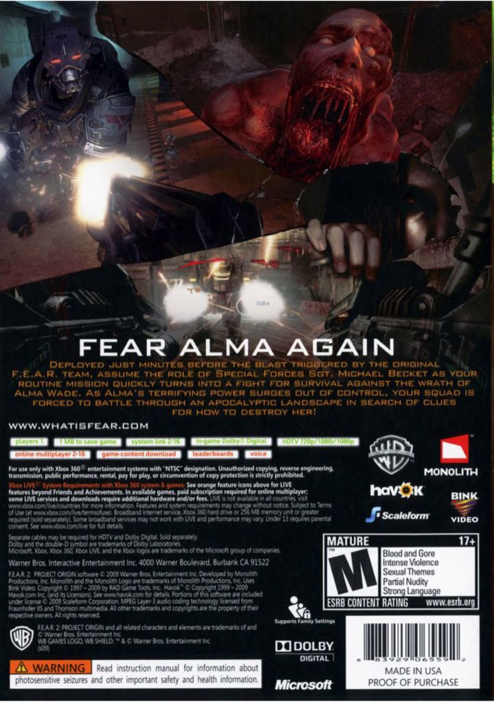 FEAR 2: Project Origin - Microsoft Xbox 360 (Monolith - 1) video game collectible - Main Image 2