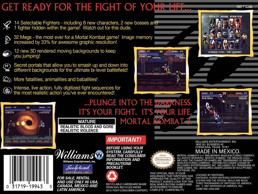 Mortal Kombat 3 - Nintendo Super Nintendo Entertainment System (SNES) (Williams Entertainment - 2) video game collectible - Main Image 2