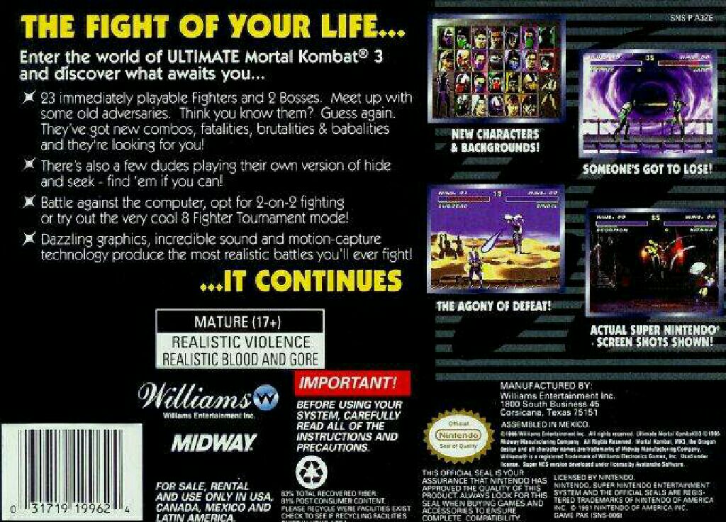 Mortal Kombat 3 - Nintendo Super Nintendo Entertainment System (SNES) (Williams Entertainment Inc.) video game collectible - Main Image 2